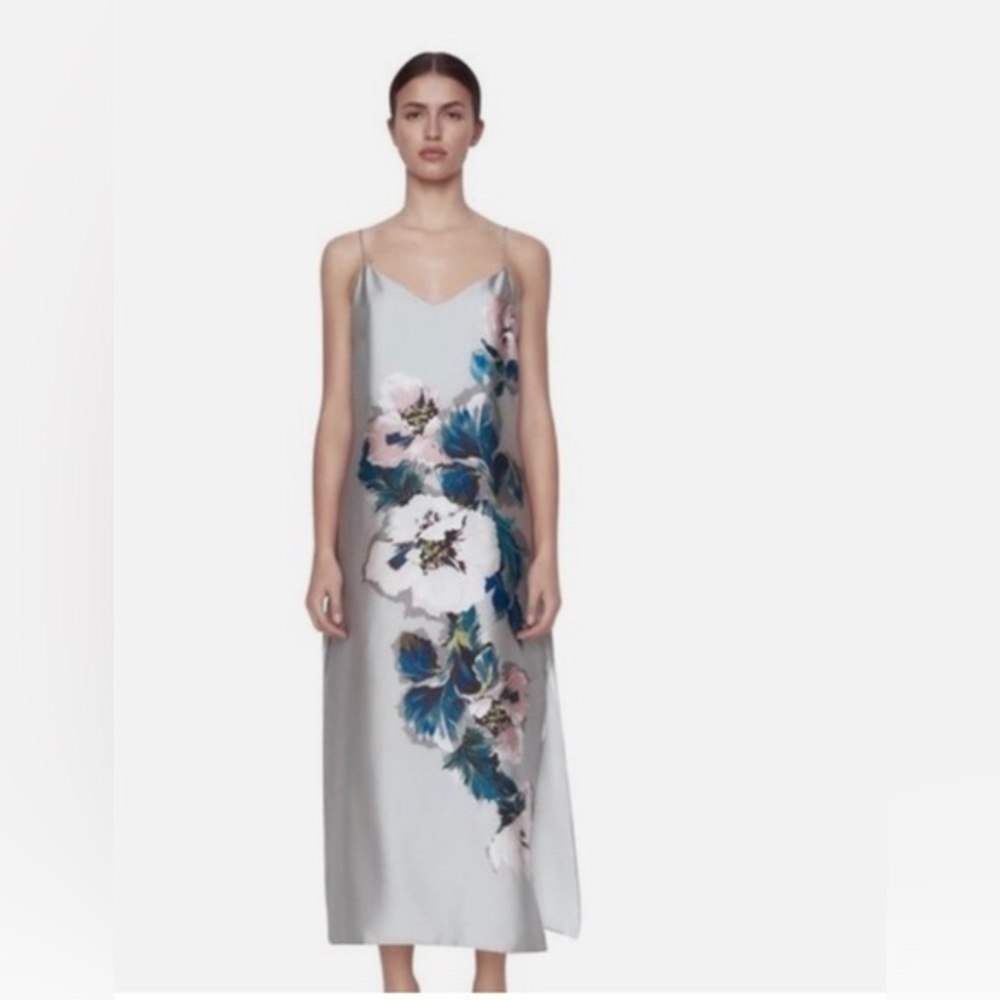 Zara Gray Silver Metallic Floral Satin Effect Slip Pearl Dress With Slit Size Xs